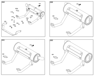 Model 40, 44 And 49 Engine Accessories Catalog / Implement Mounted Above Deck Mufflers Diagram and Parts List for 40N877-0037-B5  Briggs and Stratton Engine